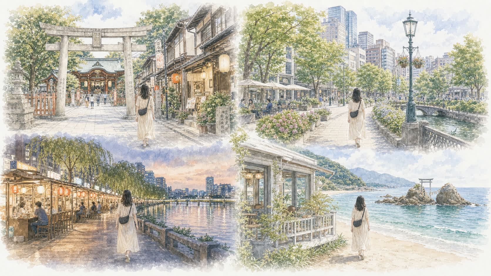 福岡の博多・天神・中洲・糸島それぞれの魅力をやわらかく表現したイラスト