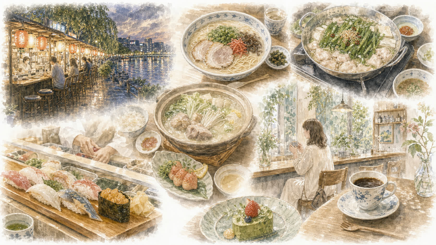 福岡の屋台やラーメン、もつ鍋、水炊き、寿司ランチとカフェ時間をやわらかく表現したイラスト