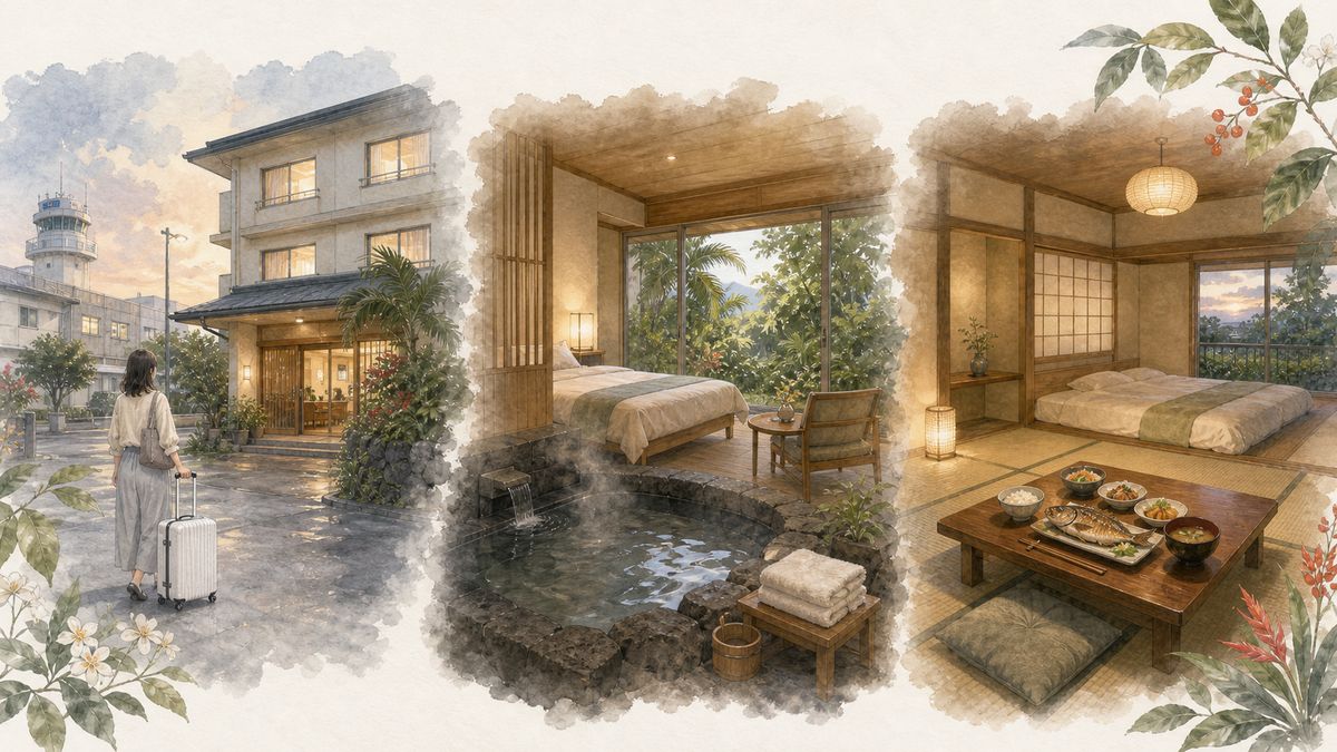 空港周辺のホテル、温泉宿、食事付きの民宿を描いた八丈島の宿選びのイラスト