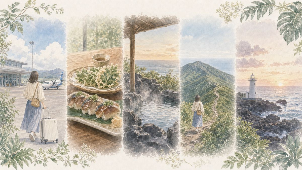 空港到着、島寿司、温泉、八丈富士、灯台を描いた八丈島2泊3日モデルコースのイラスト