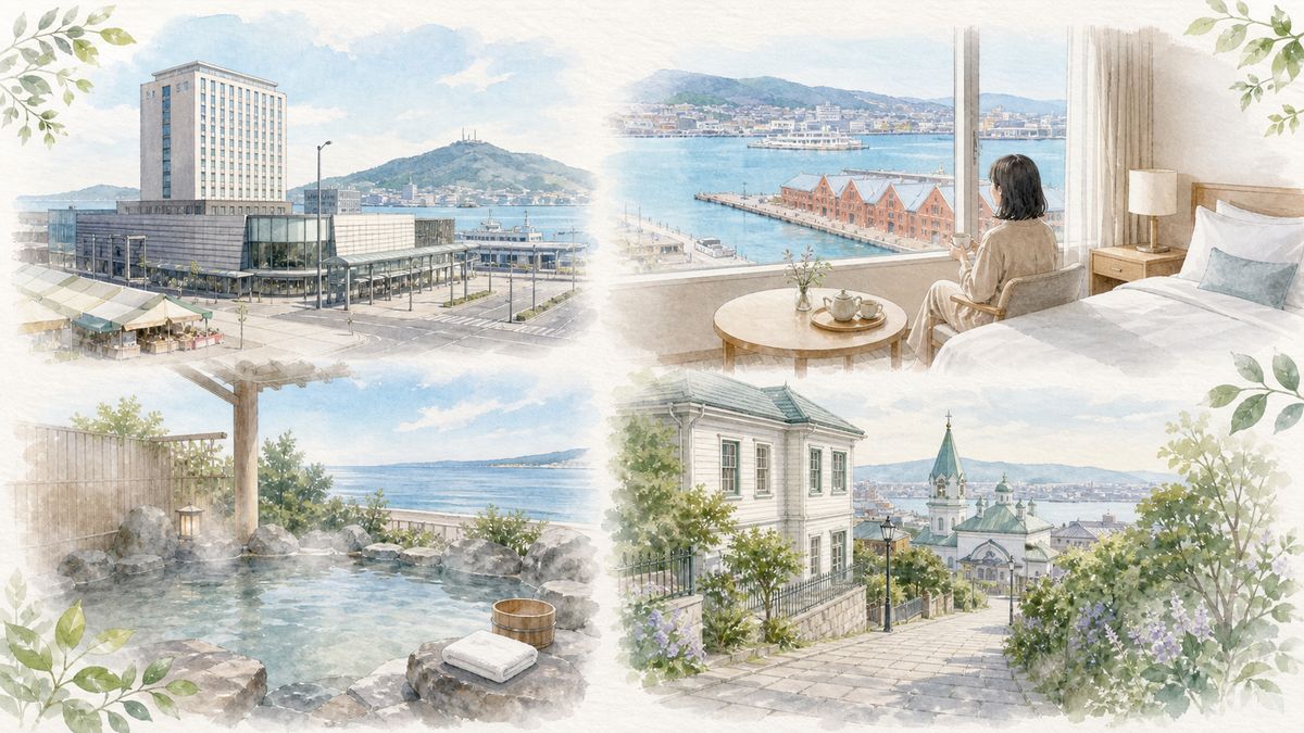 函館でひとり旅向けの函館駅前ホテル、ベイエリアの港が見える宿、湯の川温泉の温泉宿の魅力をやわらかく表現したイラスト