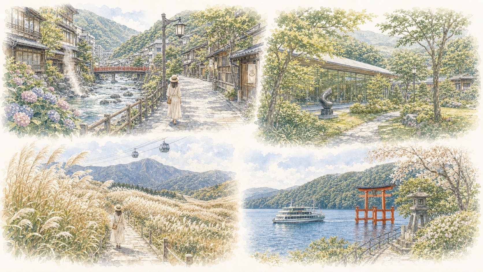 箱根湯本、強羅、仙石原、芦ノ湖のエリアごとの違いを、温泉街やロープウェイ、すすき草原、湖の鳥居で表現したイラスト