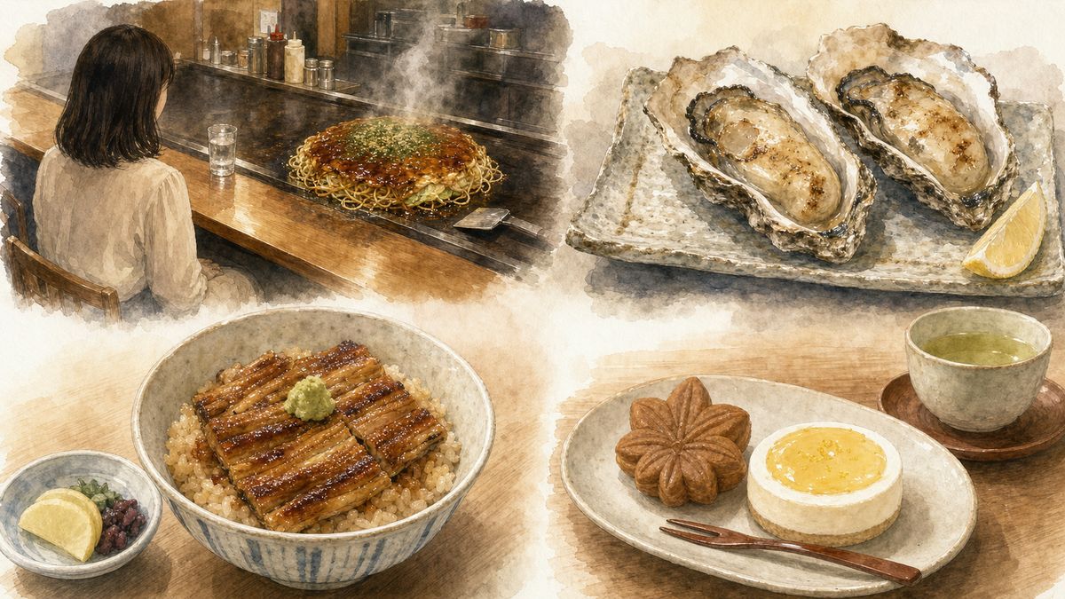 広島でひとりでも入りやすい広島風お好み焼き、牡蠣、あなごめし、もみじ饅頭の魅力をやわらかく表現したイラスト