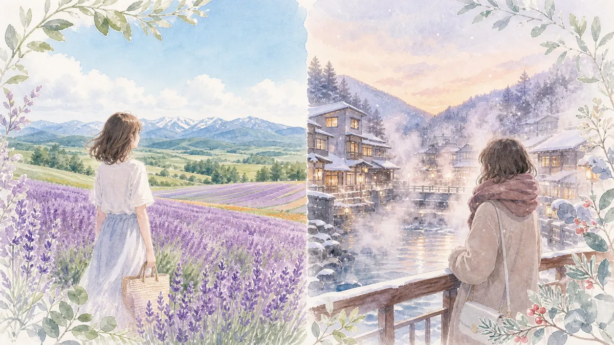 北海道の女ひとり旅で夏と冬のモデルコースをイメージできるやわらかなイラスト
