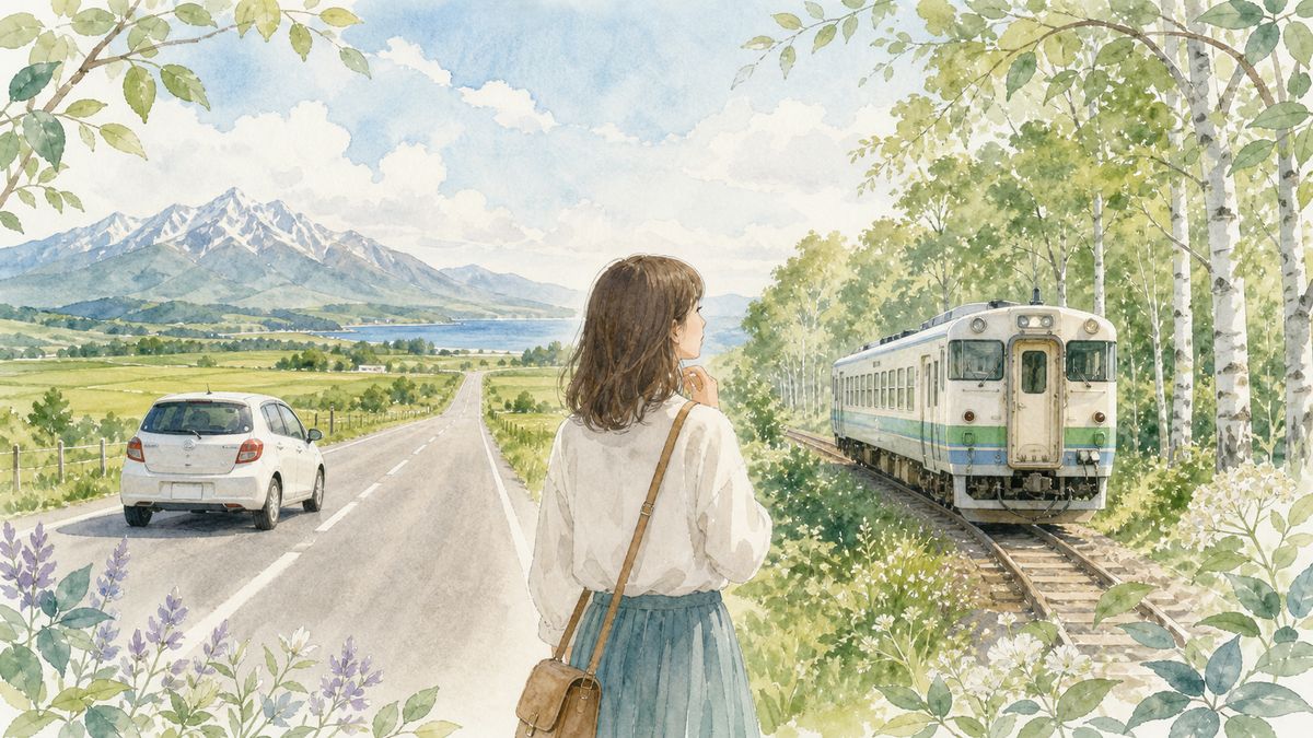 北海道でレンタカーと電車・バスのどちらを選ぶか迷う女性をやわらかな水彩調で表現したイラスト