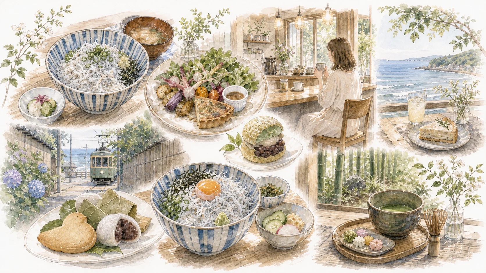 鎌倉のしらす丼や鎌倉野菜のプレート、海が見えるカフェ、和菓子、報国寺の抹茶をやわらかく表現したイラスト