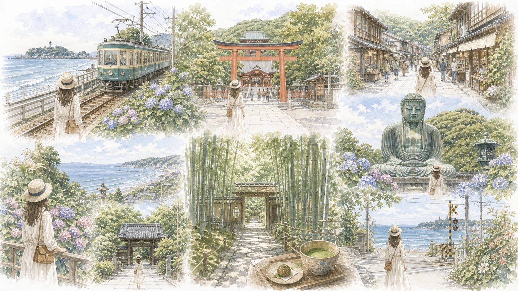 鎌倉の女ひとり旅で日帰りと1泊2日のモデルコースをイメージできるやわらかなイラスト