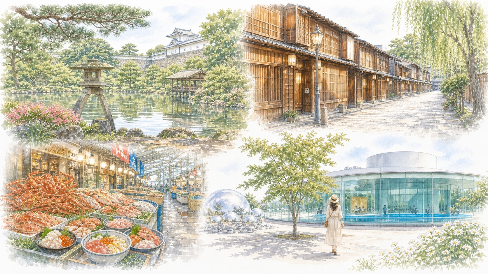 金沢の兼六園・ひがし茶屋街・近江町市場・21世紀美術館それぞれの魅力をやわらかく表現したイラスト