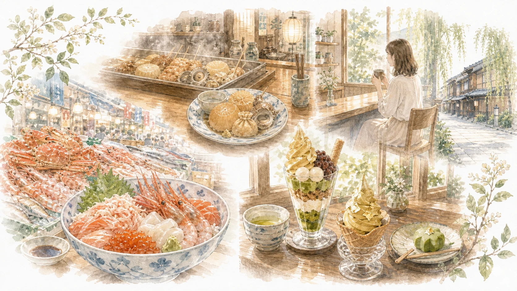 金沢の海鮮丼や金沢おでん、加賀棒茶のカフェや甘味をやわらかく表現したイラスト