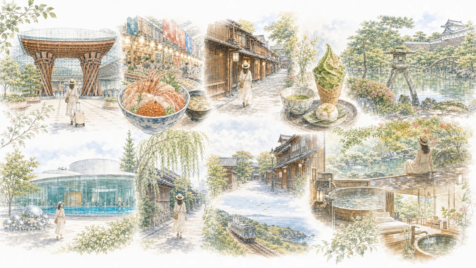 金沢の1泊2日と2泊3日のひとり旅モデルコースをやわらかく表現したイラスト