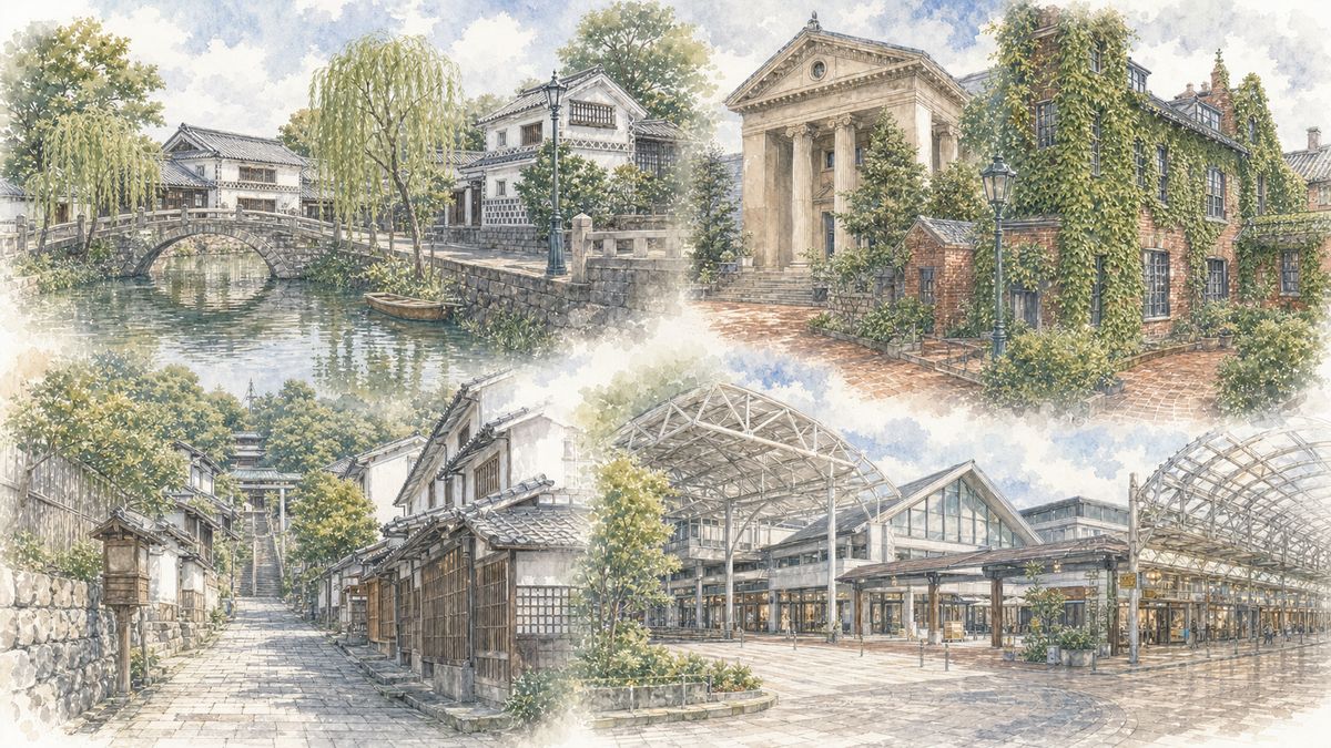 倉敷川畔の町並み、大原美術館とアイビースクエアの赤レンガ、鶴形山の裏通り、倉敷駅周辺それぞれの魅力をやわらかく表現したイラスト