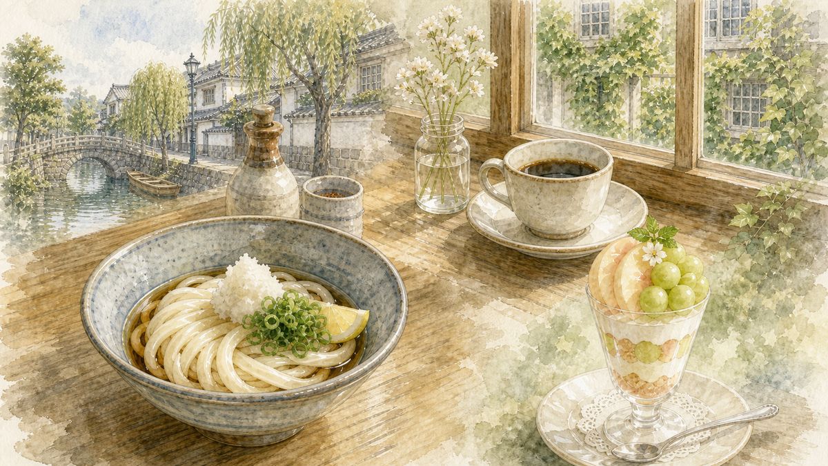 倉敷でひとりでも入りやすいぶっかけうどん、レトロ喫茶のコーヒー、白桃とマスカットのフルーツパフェの魅力をやわらかく表現したイラスト