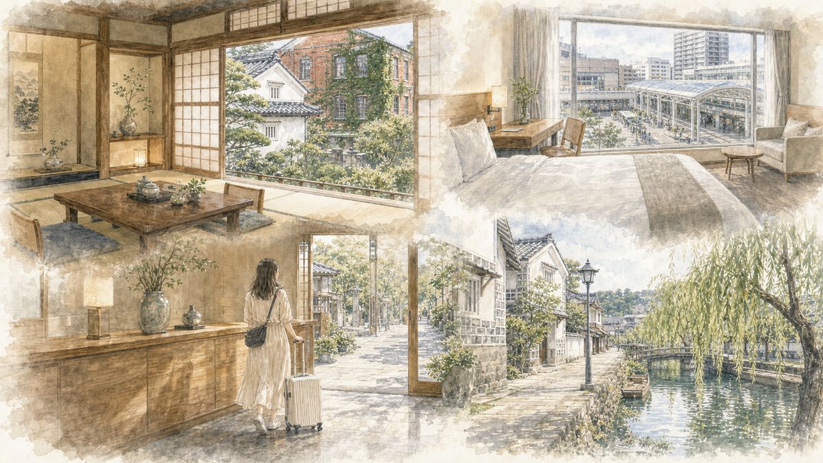倉敷でひとり旅向けの倉敷駅前ビジネスホテル、美観地区の町家宿、アイビースクエアの赤レンガホテルの魅力をやわらかく表現したイラスト