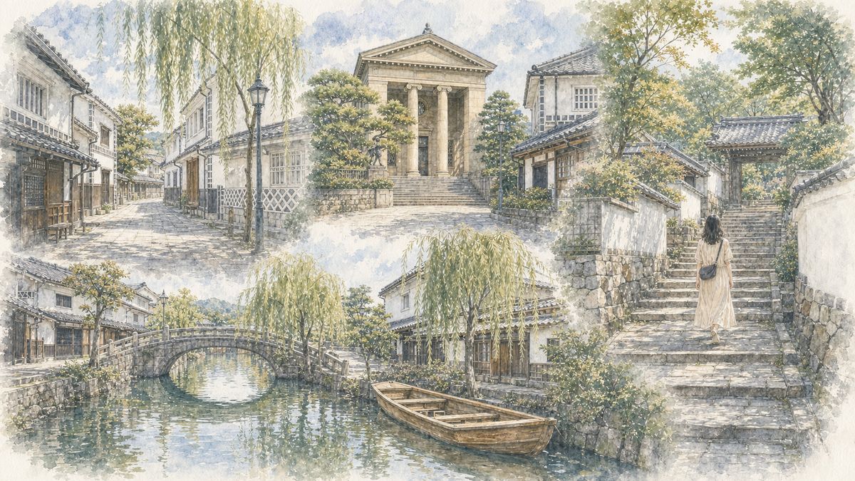 美観地区の白壁の町並み、大原美術館、倉敷川に浮かぶ川舟と石橋、鶴形山へ続く石段をめぐる倉敷1泊2日のひとり旅モデルコースをやわらかく表現したイラスト