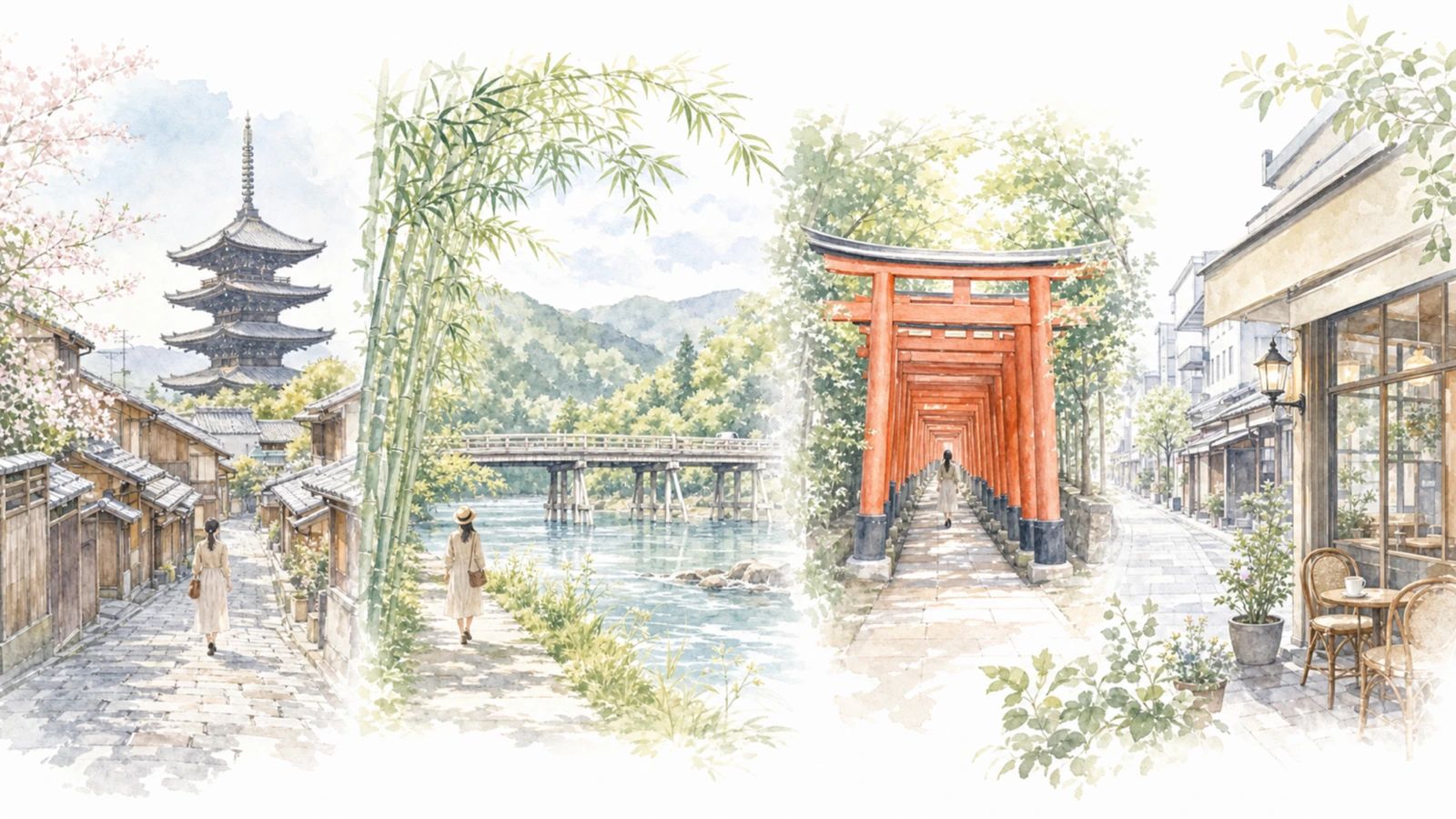 京都の東山・嵐山・伏見・四条周辺それぞれの魅力をやわらかく表現したイラスト