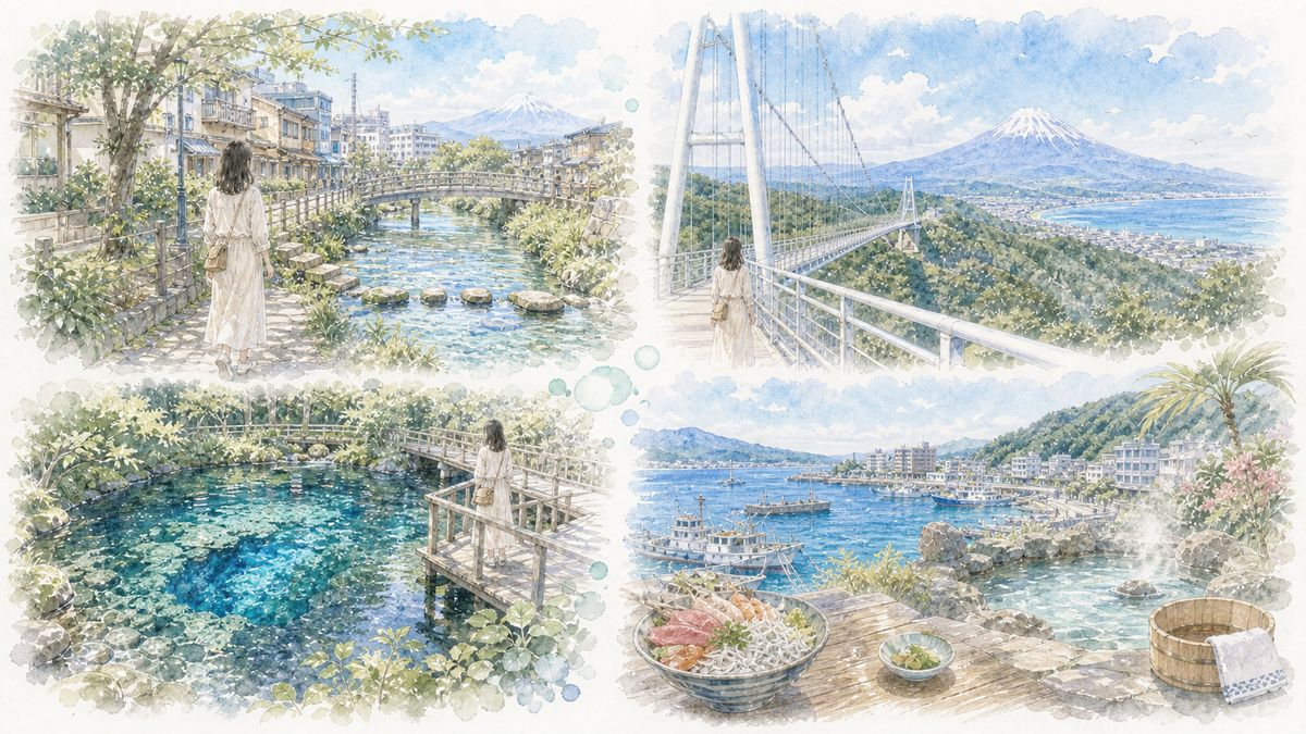 三島駅・街なかの湧水散歩道、三島スカイウォークの空中散歩、柿田川の湧き間、沼津・熱海の海と温泉それぞれの魅力をやわらかく表現したイラスト