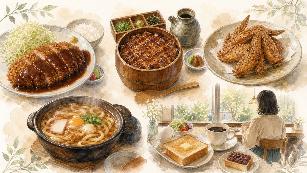 名古屋の味噌カツやひつまぶし、手羽先、味噌煮込みうどん、喫茶店のモーニングとカフェ時間をやわらかく表現したイラスト