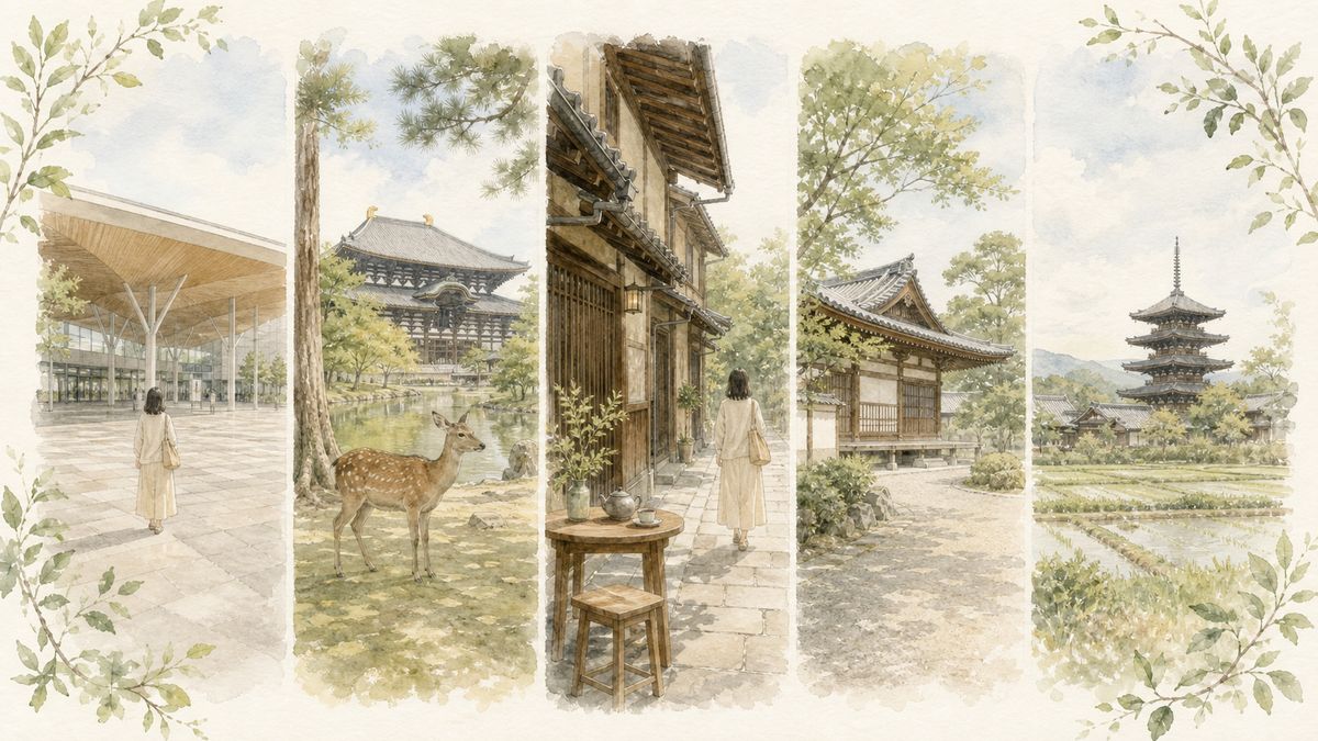 奈良の1泊2日と2泊3日のひとり旅モデルコースをやわらかく表現したイラスト