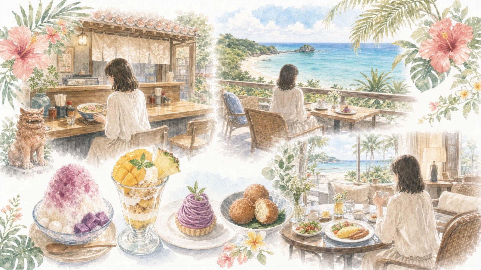 沖縄でひとりでも入りやすい沖縄そば店や海カフェ、南国スイーツ、ホテル朝食の魅力をやわらかく表現したイラスト