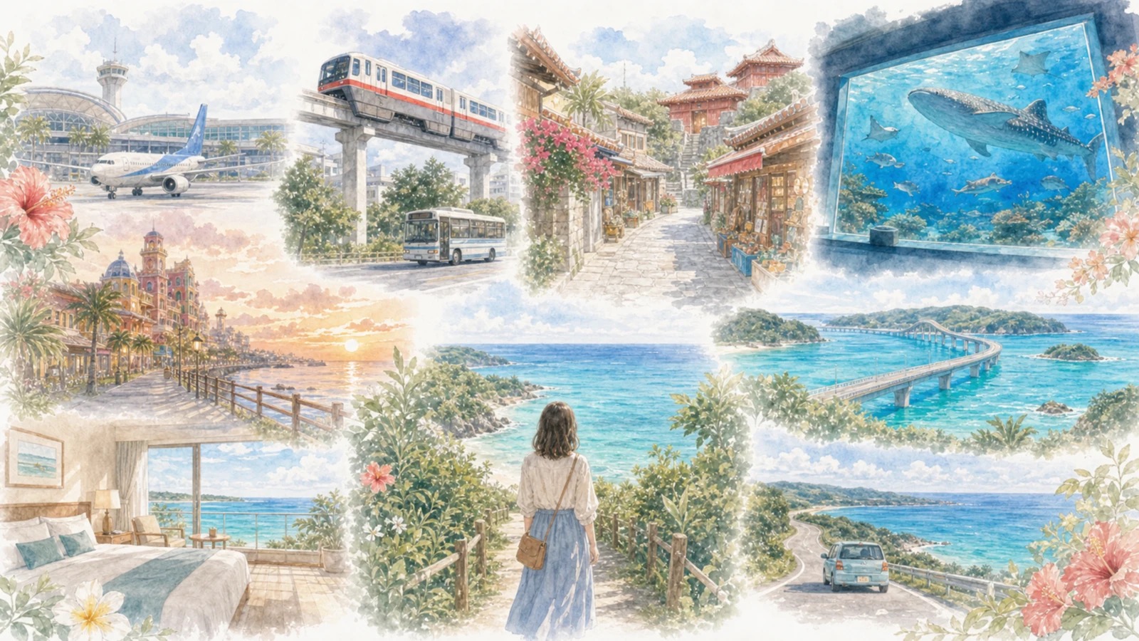 沖縄のレンタカーなし2泊3日とレンタカーあり3泊4日のひとり旅モデルコースをやわらかく表現したイラスト