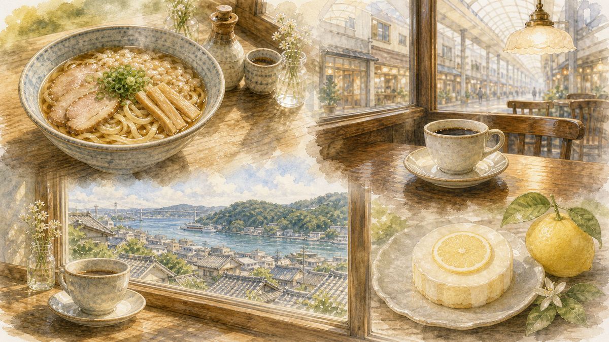 尾道でひとりでも入りやすい平打ち麺の尾道ラーメン、商店街のレトロ喫茶のコーヒー、坂の上のカフェから見える海、しまなみのレモンを使ったお菓子の魅力をやわらかく表現したイラスト