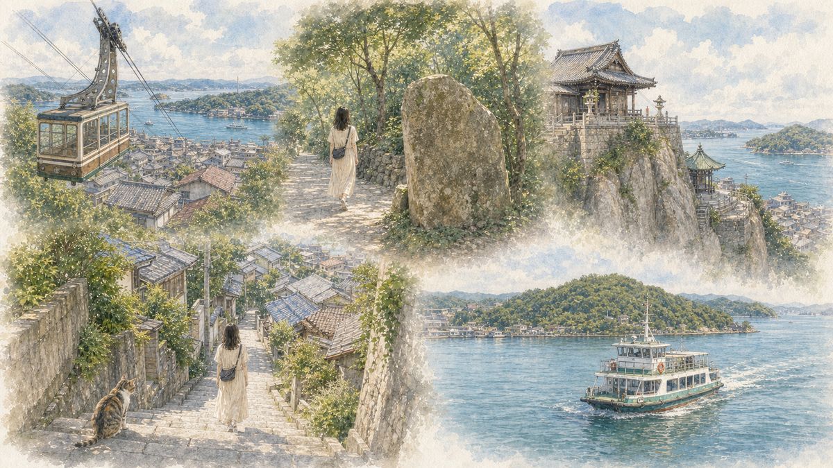 千光寺山ロープウェイで山頂へのぼり、文学のこみちと千光寺、猫の細道を下って海沿いへ、翌日は渡船で向島へ渡る尾道1泊2日のひとり旅モデルコースをやわらかく表現したイラスト