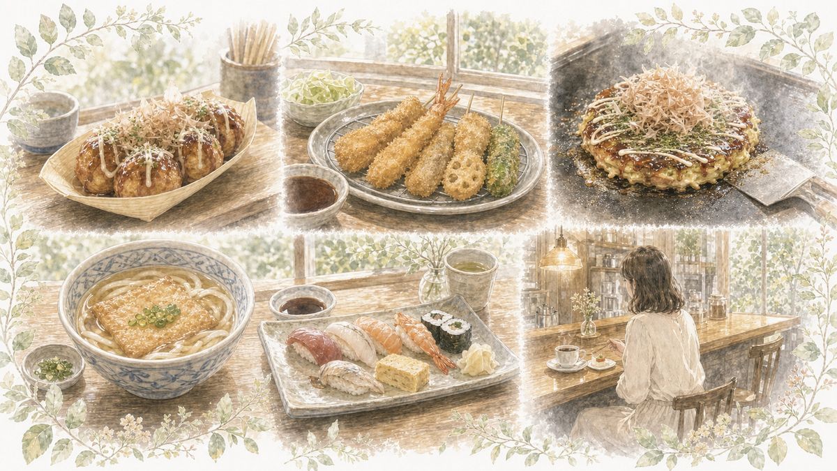 大阪のたこ焼きや串カツ、お好み焼き、うどん、寿司ランチとカフェ時間をやわらかく表現したイラスト