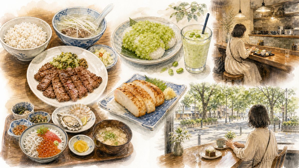 仙台でひとりでも入りやすい牛タン専門店、ずんだスイーツ、笹かま、朝市の朝ごはんの魅力をやわらかく表現したイラスト