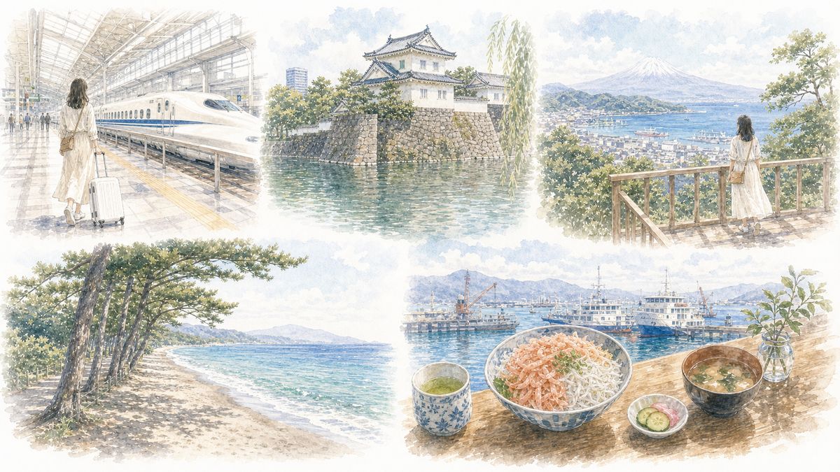 静岡駅・駿府城・日本平・三保松原・清水港をめぐる1泊2日と日帰りのひとり旅モデルコースをやわらかく表現したイラスト