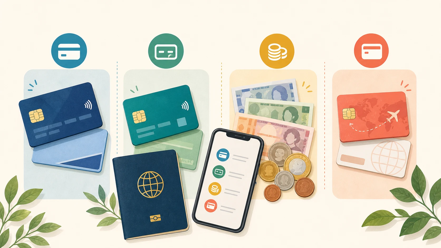 クレジットカード、デビットカード、現金、プリペイドカードを比較する海外旅行向けのイラスト