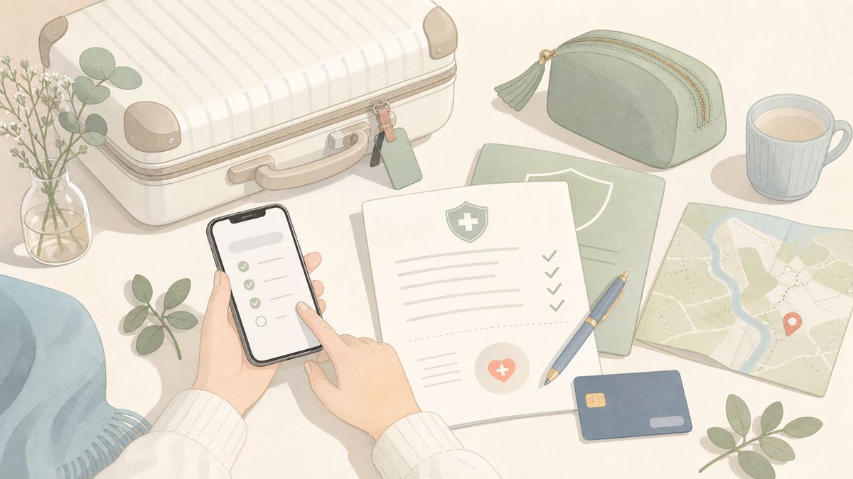 ひとり旅の前にスマホと保険書類で補償内容を確認する様子をやわらかく表現したミニマルなイラスト